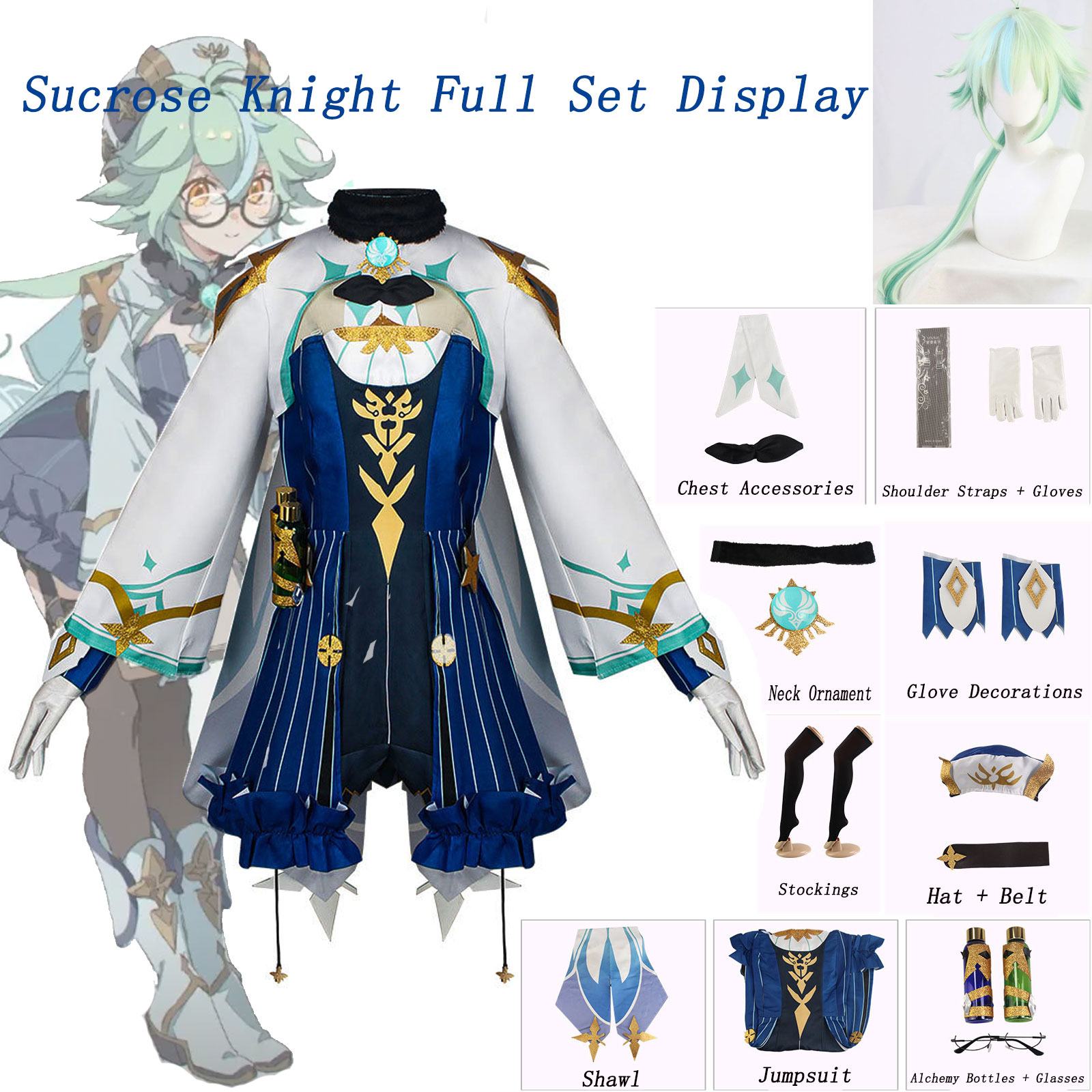 Anime Cosplay Glasses - Genshin Impact Sucrose Knight Cosplay Komplettset